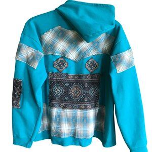 Upcycled Patchwork Jacket, Size L: Teal Tribal Zip-Up Hoodie, Southwest Aztec